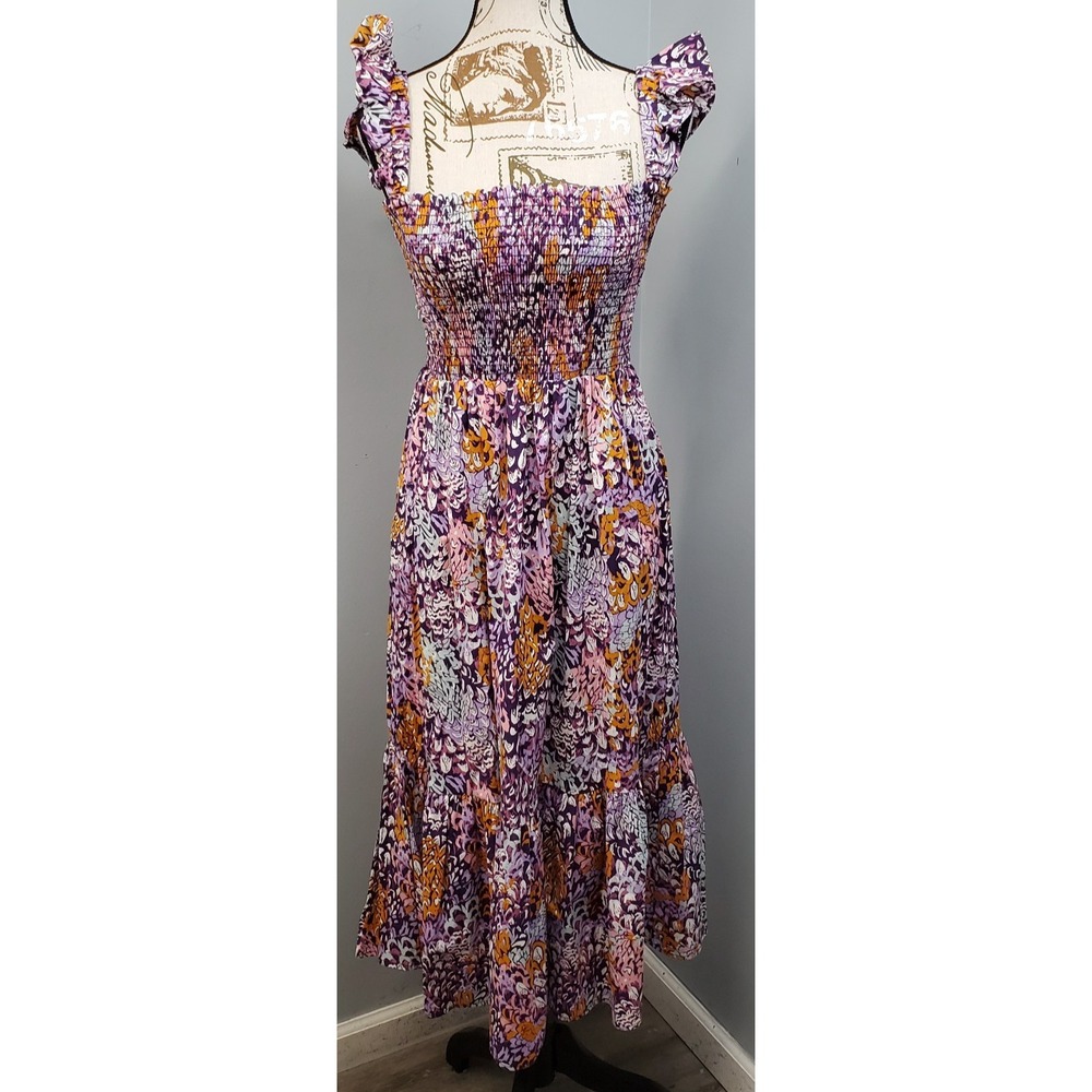 Veronica Tiered Dress Women M Multicolor Patterned Smocked Bodice Flutter Sleeve